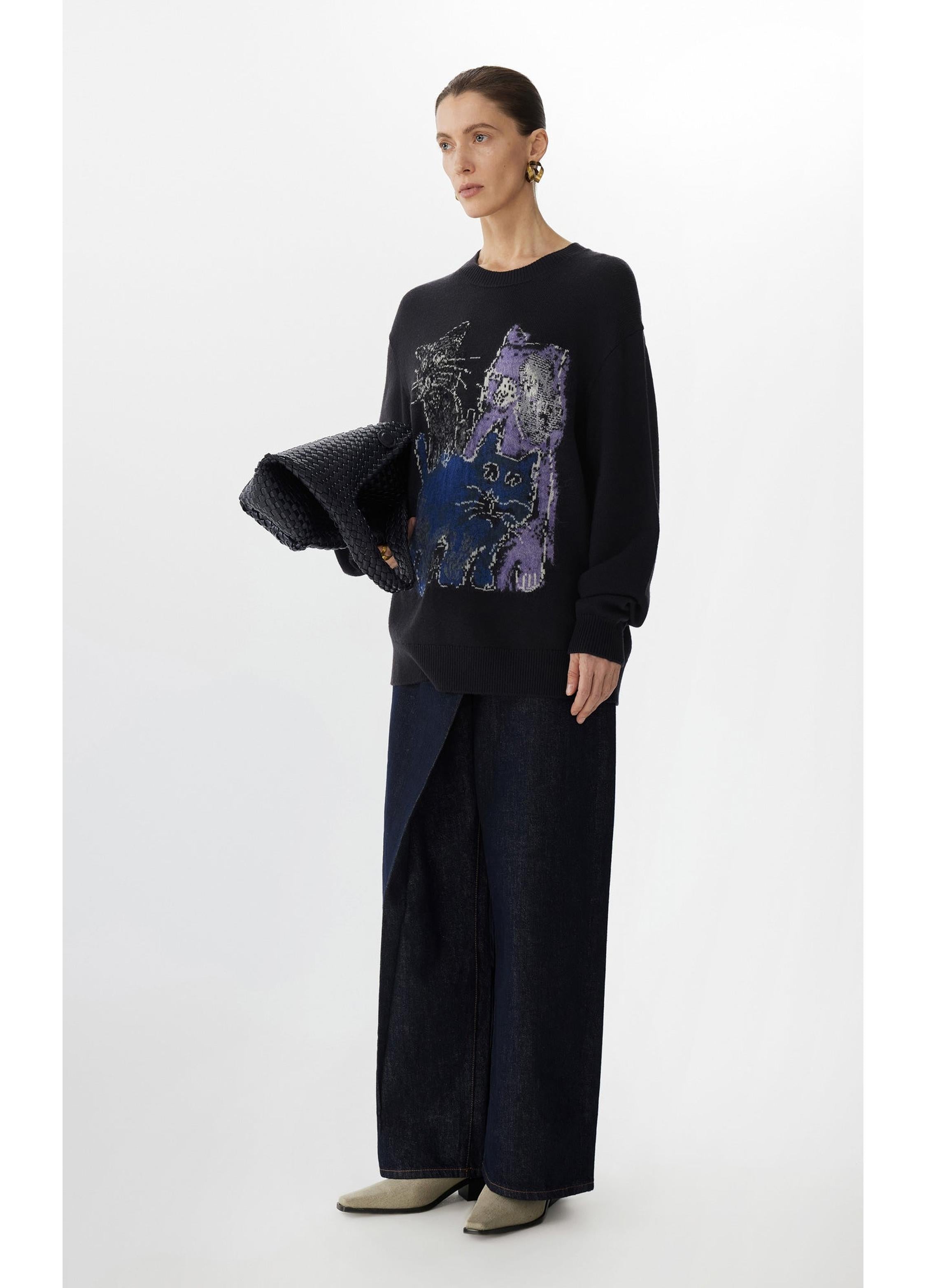 Langärmeliger Pullover mit Katzenprint in lockerer Passform