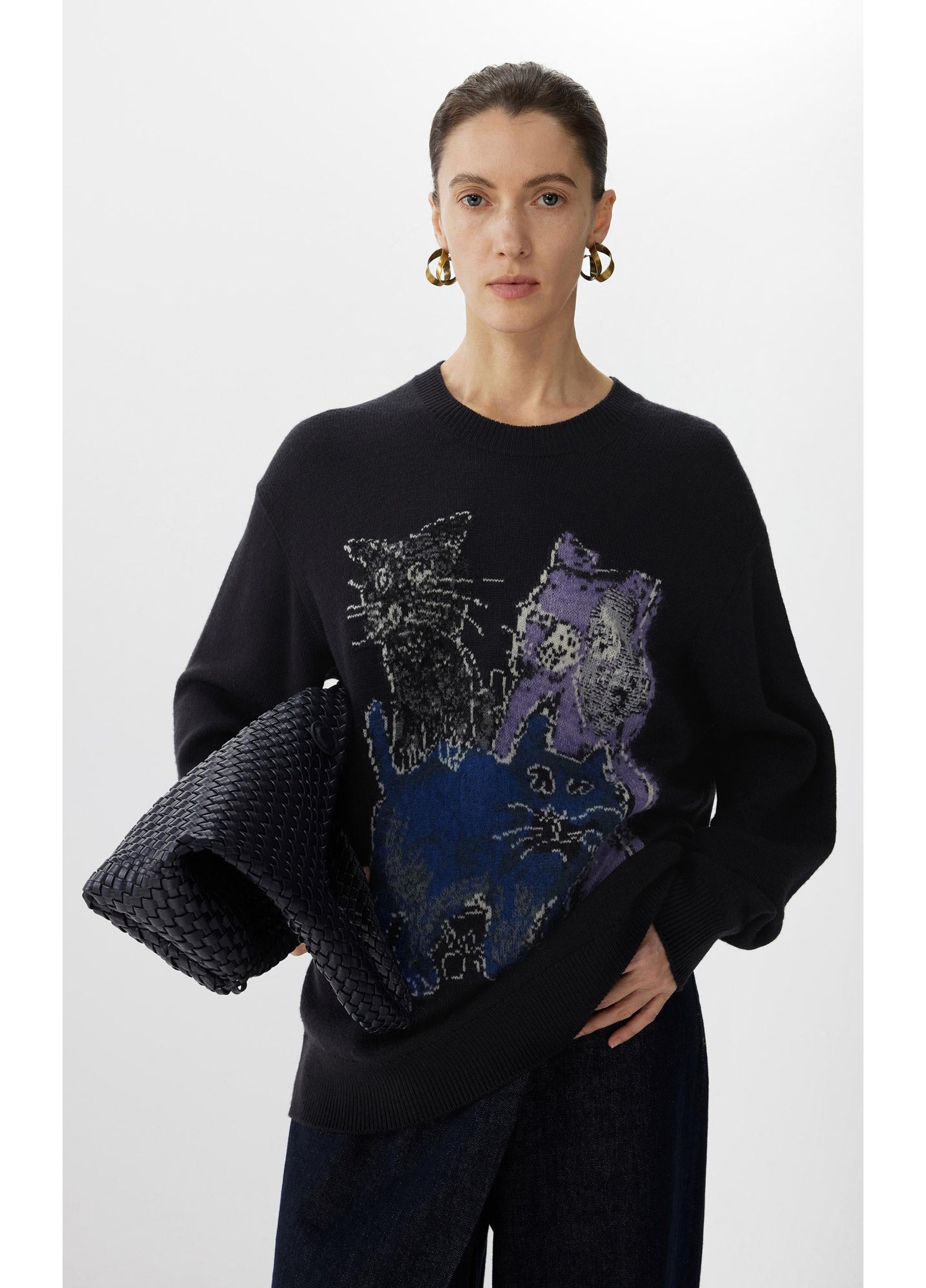 Langärmeliger Pullover mit Katzenprint in lockerer Passform