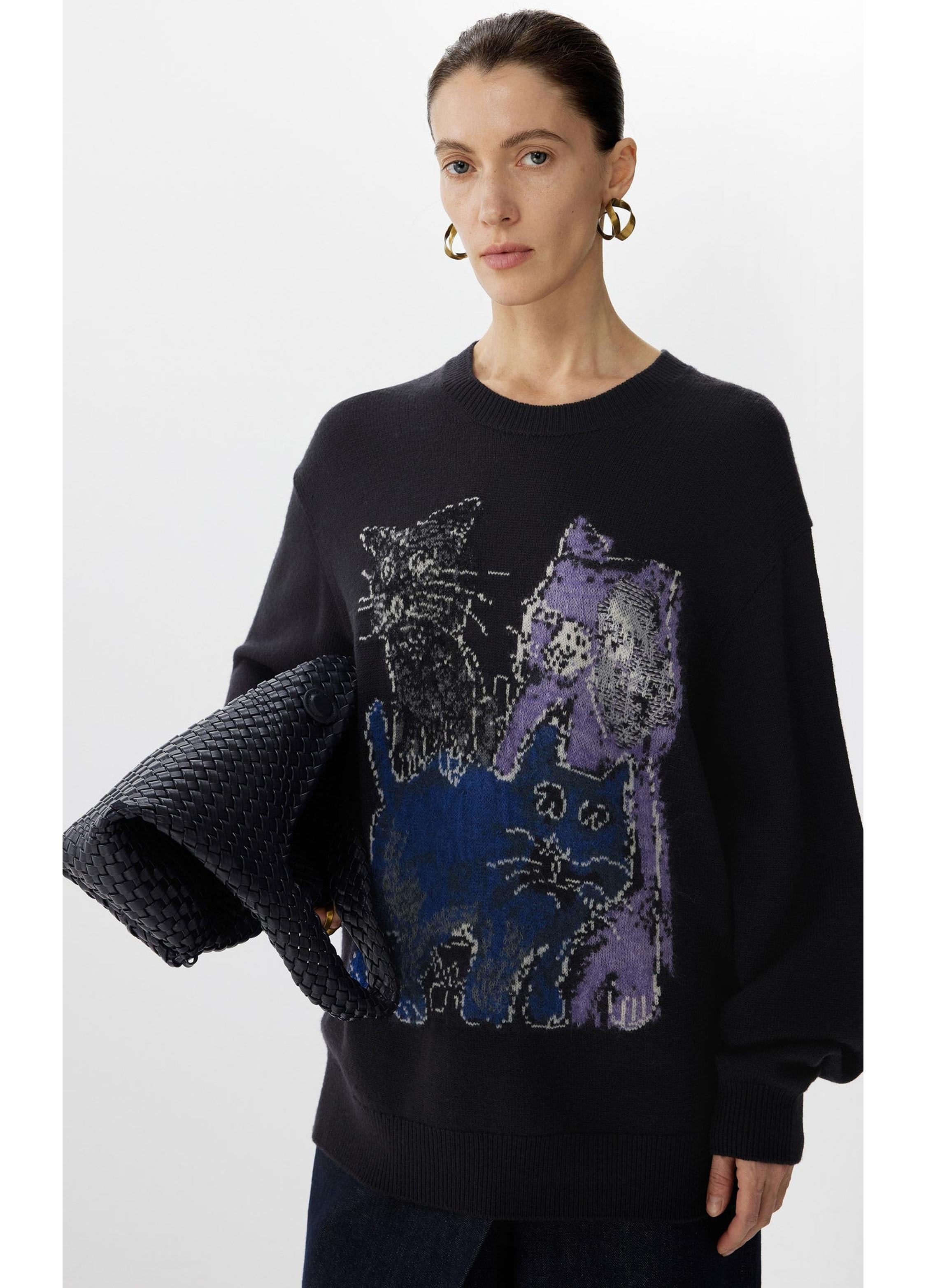 Langärmeliger Pullover mit Katzenprint in lockerer Passform