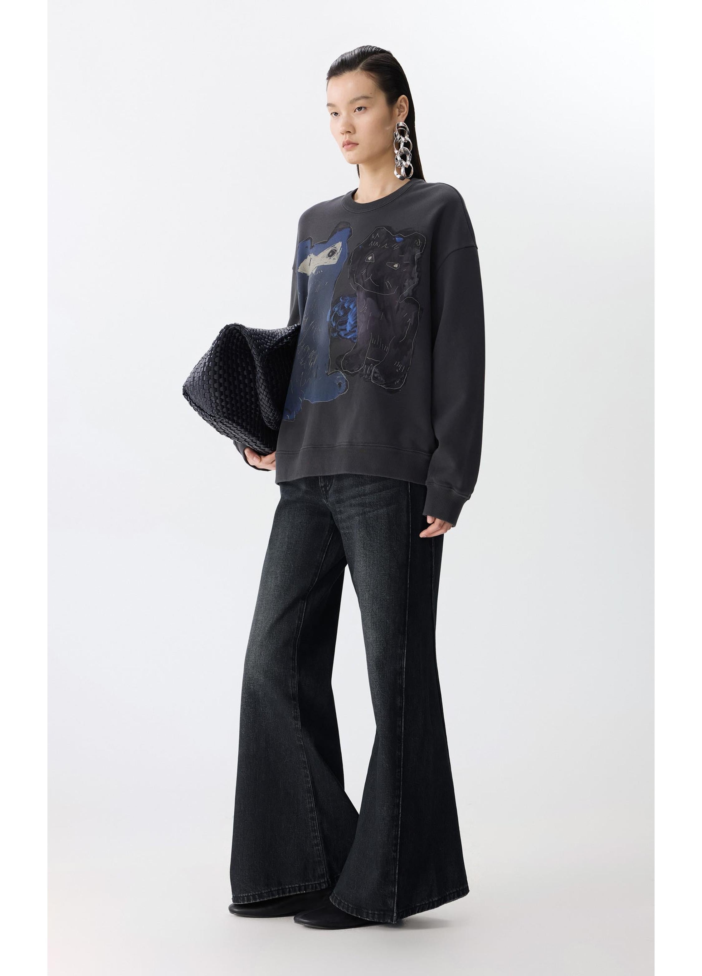 Oversize-Baumwoll-Sweatshirt mit verspieltem Katzenmotiv
