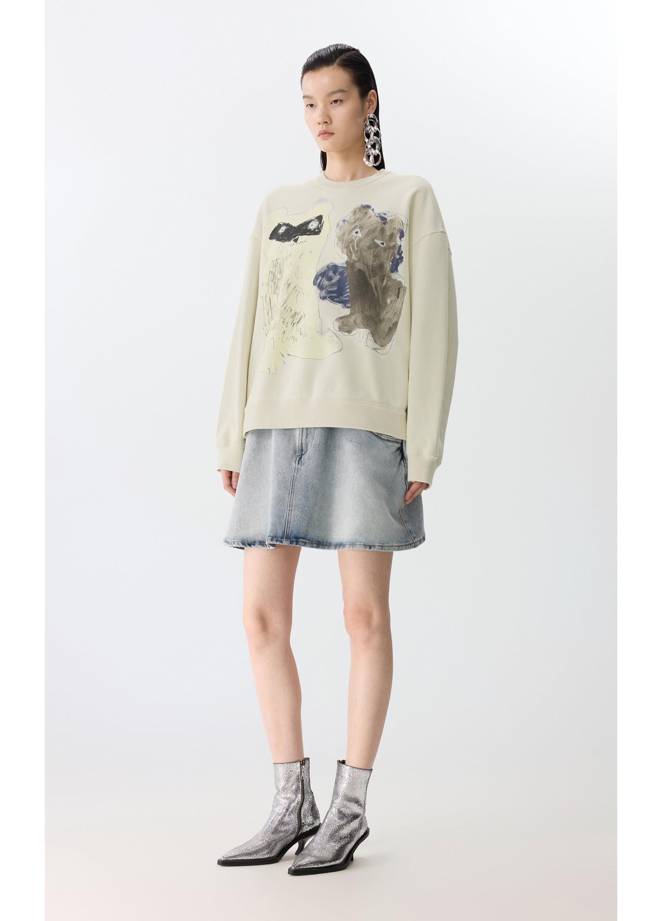 Oversize-Baumwoll-Sweatshirt mit verspieltem Katzenmotiv