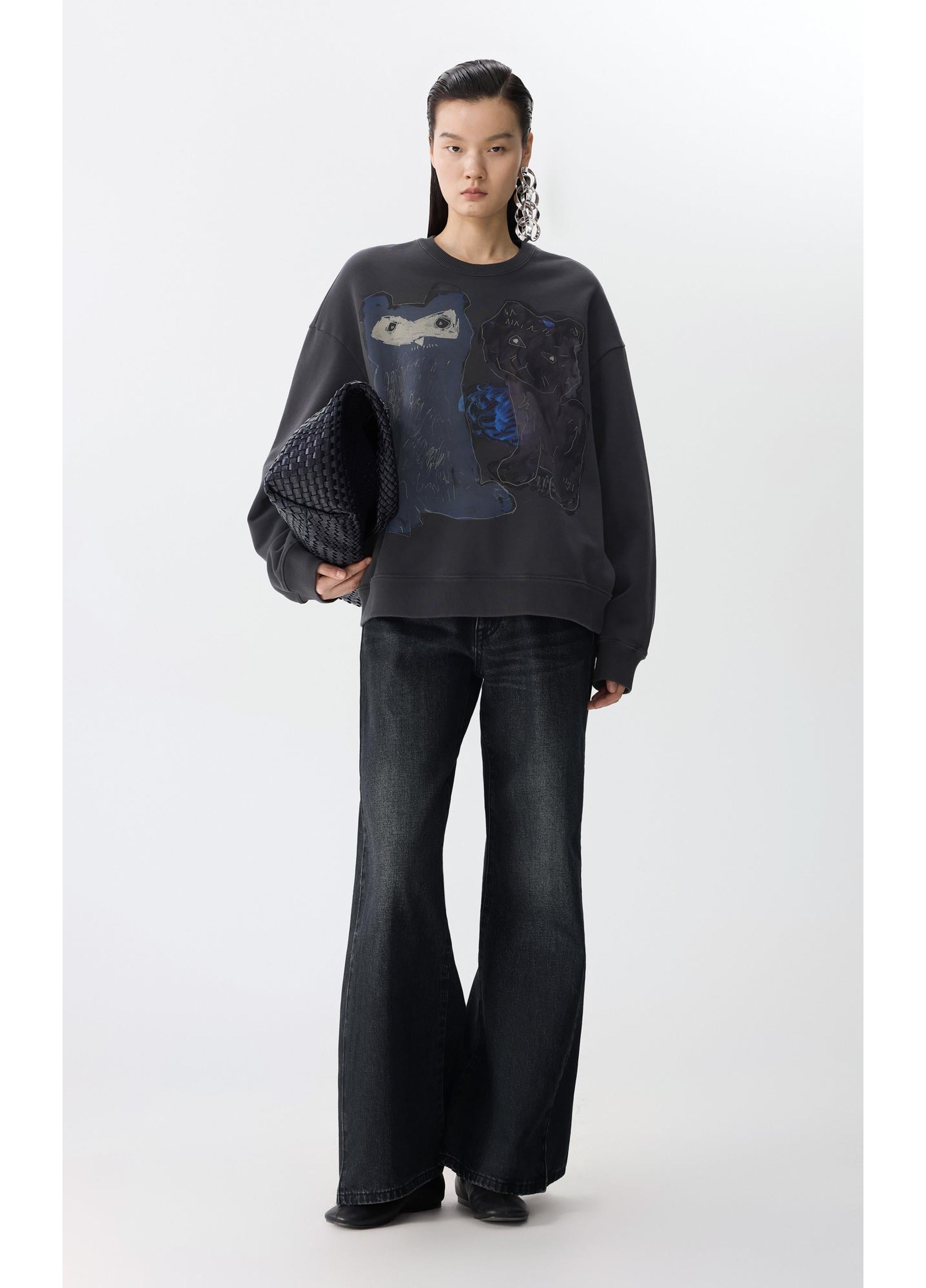 Oversize-Baumwoll-Sweatshirt mit verspieltem Katzenmotiv