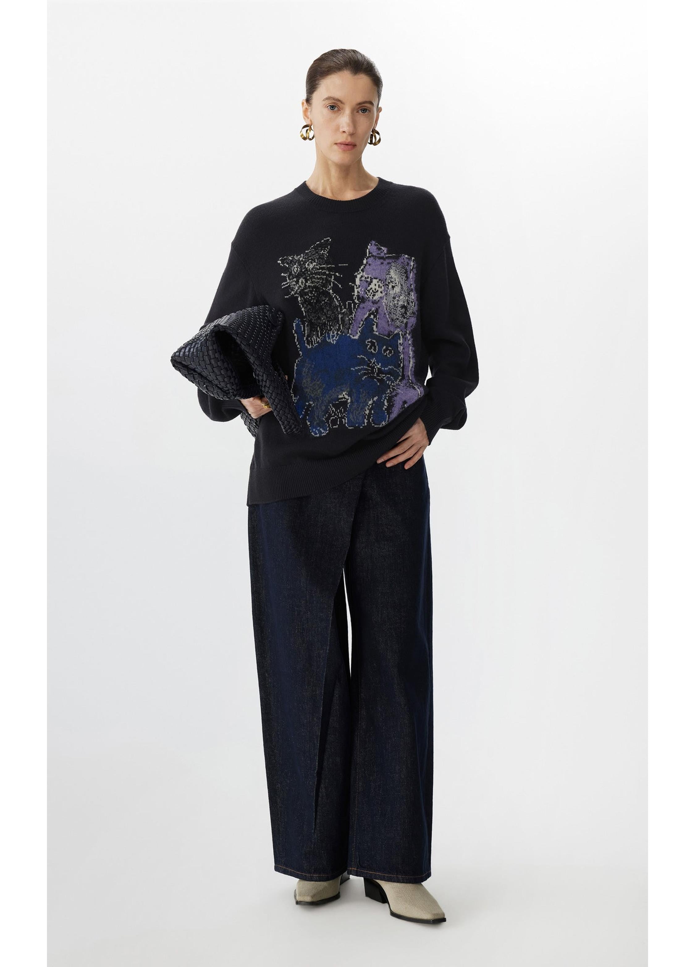 Langärmeliger Pullover mit Katzenprint in lockerer Passform